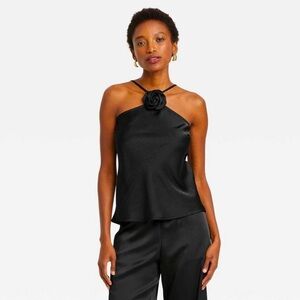 A New Day Satin Adjustable Halter Top With Removable Rosette Black